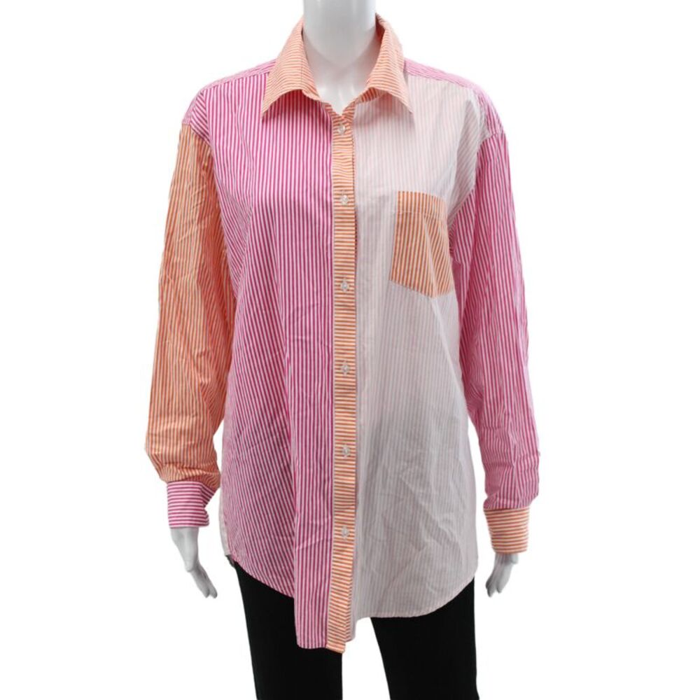 Solid & Striped Women Striped Cotton Collared Button-Up Top Long Sleeve Size S